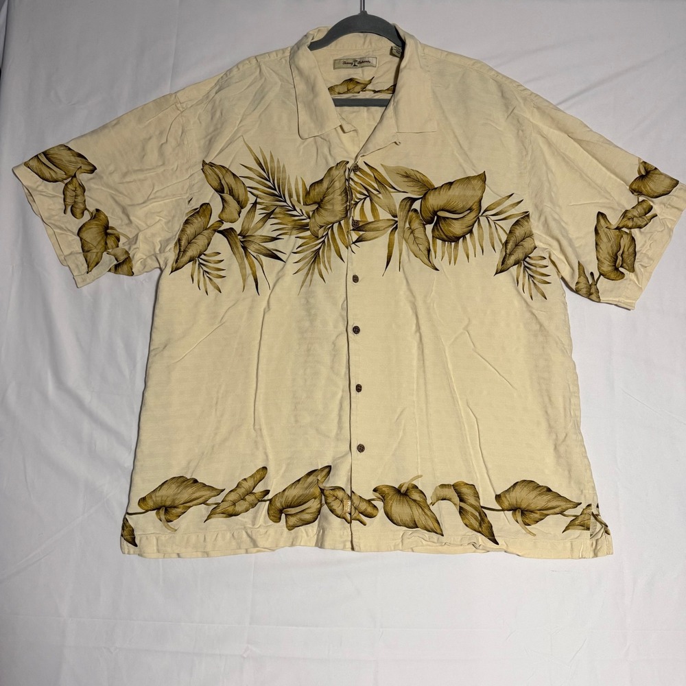 Tommy Bahama Men XXL Cream 100% Silk Tropical Leaf Print Camp Shirt Short Sleeve